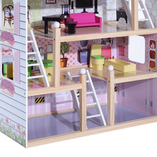 HOMCOM-Casa-delle-Bambole-per-Bambini-3--Anni-in-Legno-di-Pino-e-MDF-a-4-Piani-con-13-Accessori-Rosa-60x30x80-cm