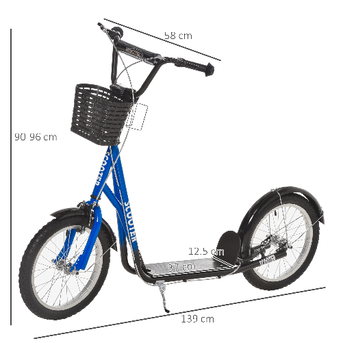 HOMCOM-Monopattino-per-Bambini-con-Ruote-Grandi-2-Freni-e-Manubrio-Regolabile-Cestino-e-Porta-Borraccia---Blu