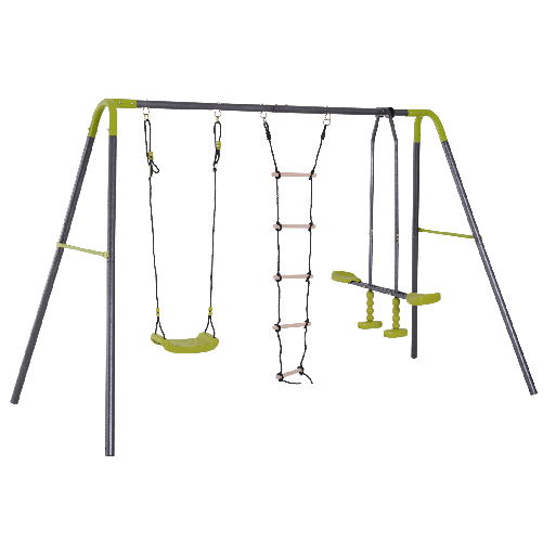 HOMCOM-Stand-Bambini-3-in-1-con-Altalena-Cavalluccio-e-Scaletta-in-Metallo-Resistente-Capacita-di-peso-50-kg--ogni-sedile--215-295x138x175cm-Verde