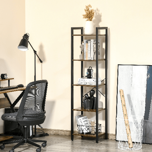 HOMCOM-Libreria-Stile-Industriale-a-5-Scaffali-in-Legno-e-Acciaio-40x30x154cm---Marrone-Rustico