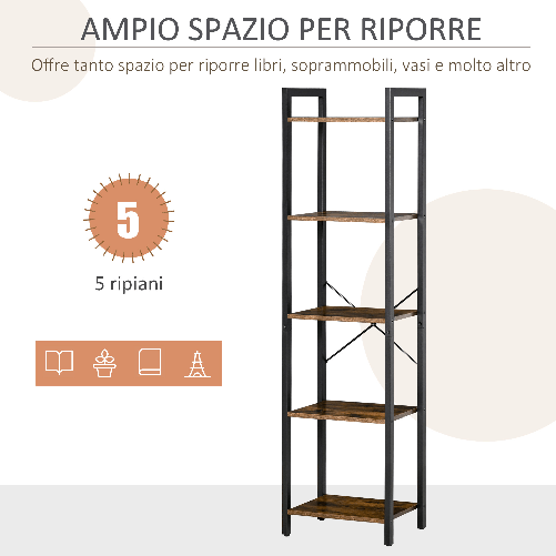 HOMCOM-Libreria-Stile-Industriale-a-5-Scaffali-in-Legno-e-Acciaio-40x30x154cm---Marrone-Rustico