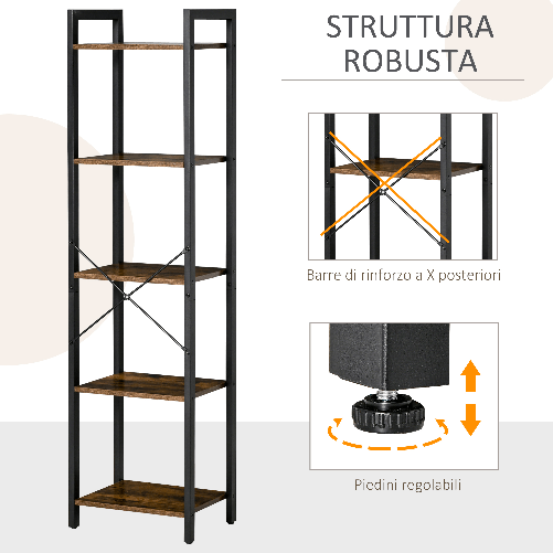 HOMCOM-Libreria-Stile-Industriale-a-5-Scaffali-in-Legno-e-Acciaio-40x30x154cm---Marrone-Rustico