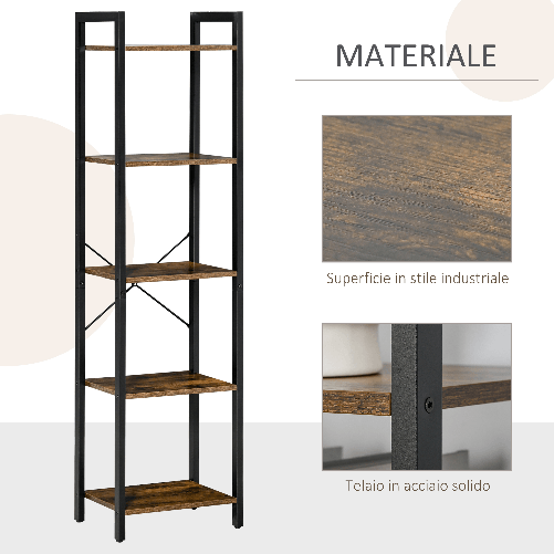 HOMCOM-Libreria-Stile-Industriale-a-5-Scaffali-in-Legno-e-Acciaio-40x30x154cm---Marrone-Rustico