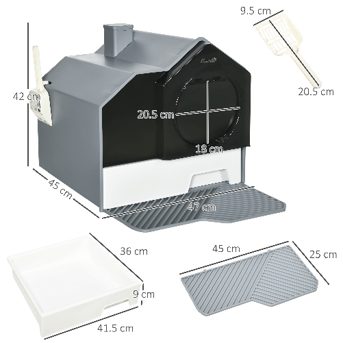 PawHut-Lettiera-per-Gatti-Chiusa-con-Vassoio-Estraibile-Tappetino-e-Paletta-Inclusi-47x45x42cm-Grigio