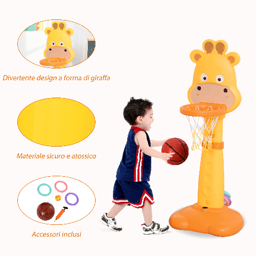 HOMCOM-Centro-Attivita-per-Bambini-a-Forma-di-Giraffa-con-Canestro-e-Accessori-Arancione