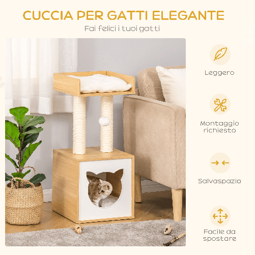 PawHut-Casetta-per-Gatti-con-Pali-Tiragraffi-in-Sisal-Cuscini-Lavabili-e-Pallina-35x35x81cm-Quercia