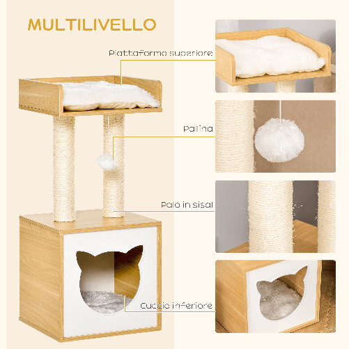 PawHut-Casetta-per-Gatti-con-Pali-Tiragraffi-in-Sisal-Cuscini-Lavabili-e-Pallina-35x35x81cm-Quercia