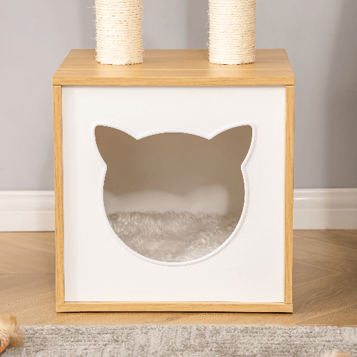 PawHut-Casetta-per-Gatti-con-Pali-Tiragraffi-in-Sisal-Cuscini-Lavabili-e-Pallina-35x35x81cm-Quercia