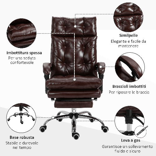 Vinsetto-Poltrona-Ufficio-Presidenziale-Similpelle-Marrone-Stile-Chesterfield-Schienale-Reclinabile-135°-e-Poggiapiedi