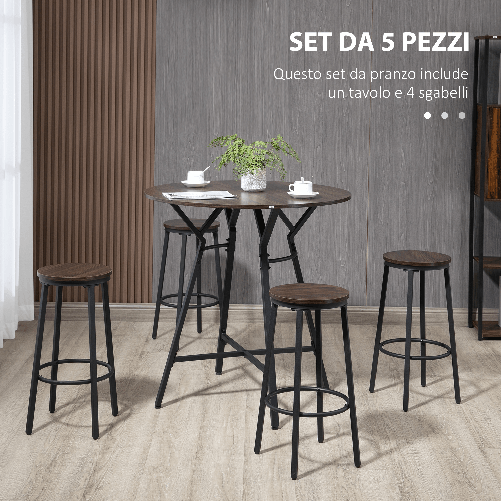 HOMCOM-Set-da-Pranzo-con-Tavolo-e-4-Sgabelli-in-Stile-Industriale-Legno-e-Acciaio-Colore-Noce