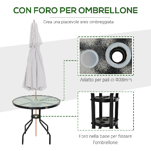 Outsunny-Tavolino-da-Giardino-con-Piano-in-Vetro-Temperato-e-Foro-per-Ombrellone-Acciaio-Ф80-x-72-cm-Nero