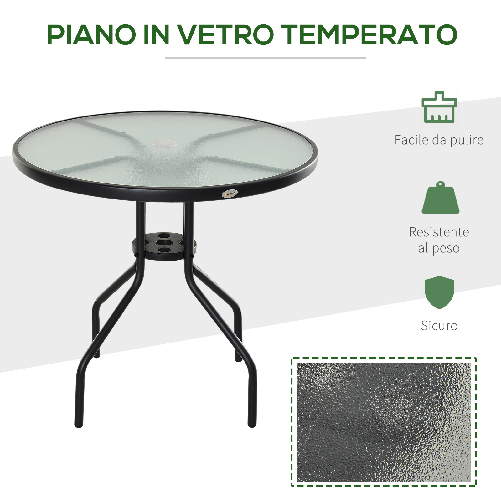 Outsunny-Tavolino-da-Giardino-con-Piano-in-Vetro-Temperato-e-Foro-per-Ombrellone-Acciaio-Ф80-x-72-cm-Nero