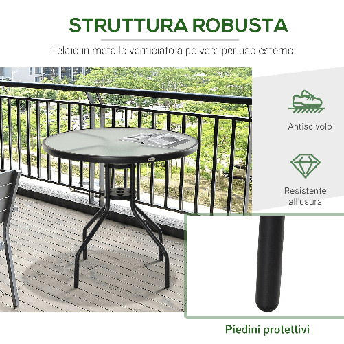 Outsunny-Tavolino-da-Giardino-con-Piano-in-Vetro-Temperato-e-Foro-per-Ombrellone-Acciaio-Ф80-x-72-cm-Nero