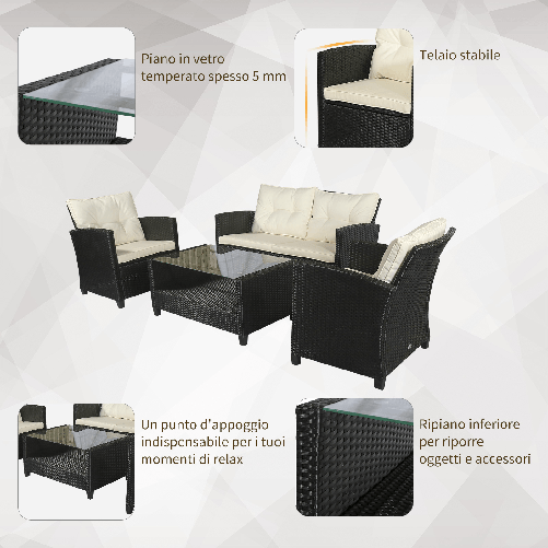 Outsunny-Set-Mobili-da-Giardino-4-Pezzi-in-Rattan-PE-e-Tavolino-Divano-e-Poltrone-Imbottiti-Nero-e-Beige-124x68x76cm