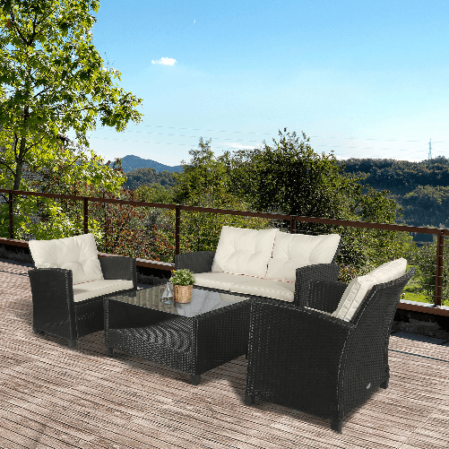 Outsunny-Set-Mobili-da-Giardino-4-Pezzi-in-Rattan-PE-e-Tavolino-Divano-e-Poltrone-Imbottiti-Nero-e-Beige-124x68x76cm