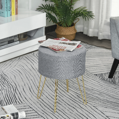 HOMCOM-Pouf-Contenitore-2-in-1-con-Funzione-Sgabello-e-Tavolino-in-Legno-e-Tessuto-Grigio-Metallo-con-Finitura-Oro-36x36x45cm