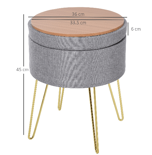 HOMCOM-Pouf-Contenitore-2-in-1-con-Funzione-Sgabello-e-Tavolino-in-Legno-e-Tessuto-Grigio-Metallo-con-Finitura-Oro-36x36x45cm