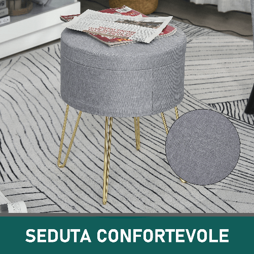 HOMCOM-Pouf-Contenitore-2-in-1-con-Funzione-Sgabello-e-Tavolino-in-Legno-e-Tessuto-Grigio-Metallo-con-Finitura-Oro-36x36x45cm