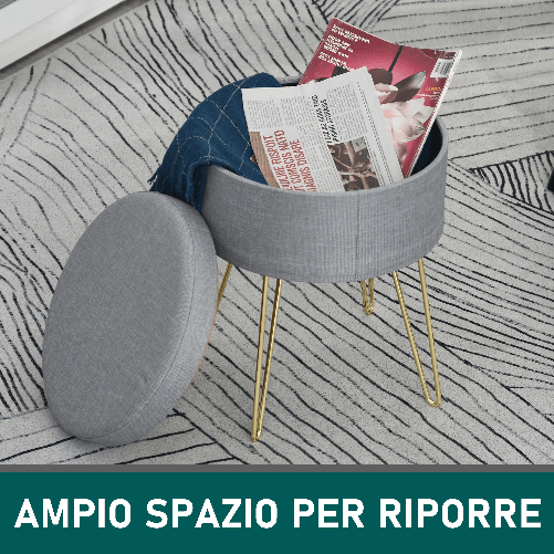 HOMCOM-Pouf-Contenitore-2-in-1-con-Funzione-Sgabello-e-Tavolino-in-Legno-e-Tessuto-Grigio-Metallo-con-Finitura-Oro-36x36x45cm