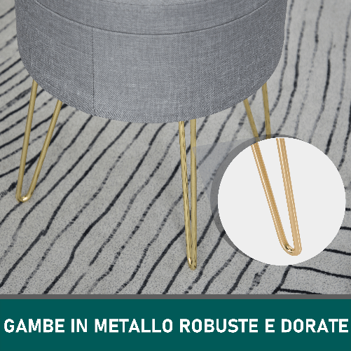 HOMCOM-Pouf-Contenitore-2-in-1-con-Funzione-Sgabello-e-Tavolino-in-Legno-e-Tessuto-Grigio-Metallo-con-Finitura-Oro-36x36x45cm