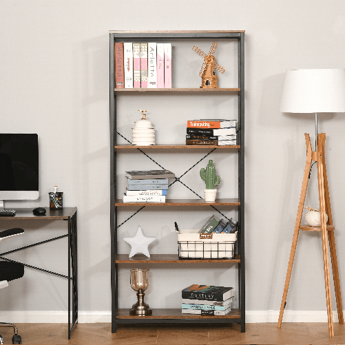 HOMCOM-Libreria-Verticale-in-Stile-Industriale-Vintage-Scaffale-Salvaspazio-con-6-Mensole-in-Legno-e-Metallo-Nero-80x30x180cm