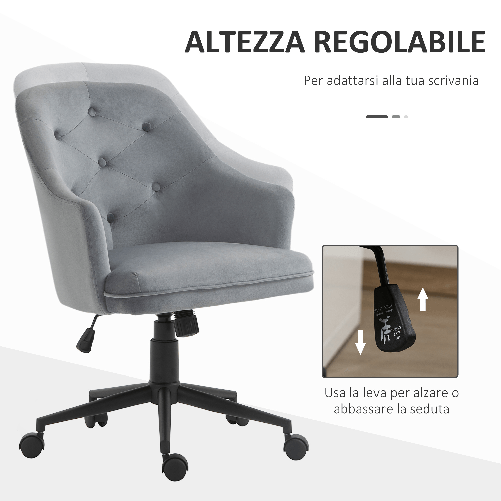 Vinsetto-Sedia-da-Ufficio-Girevole-Ergonomica-con-Ruote-e-Altezza-Regolabile-Rivestimento-in-Velluto-63x64x88-96cm-Grigio