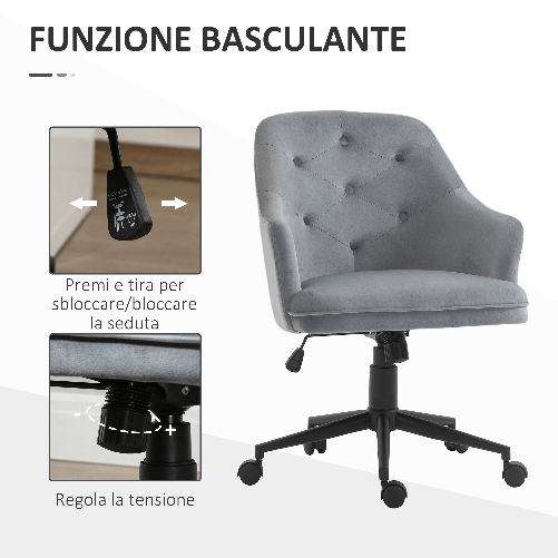 Vinsetto-Sedia-da-Ufficio-Girevole-Ergonomica-con-Ruote-e-Altezza-Regolabile-Rivestimento-in-Velluto-63x64x88-96cm-Grigio