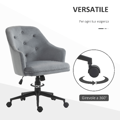 Vinsetto-Sedia-da-Ufficio-Girevole-Ergonomica-con-Ruote-e-Altezza-Regolabile-Rivestimento-in-Velluto-63x64x88-96cm-Grigio