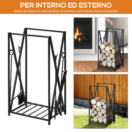 HOMCOM-Portalegna-da-Interno-ed-Esterno-in-Acciaio-Porta-Legna-per-Camino-con-Attizzatoio-Paletta-Scopino-Pinza-46x30x76cm---Nero