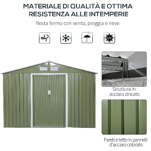 Outsunny-Casetta-da-Giardino-con-2-Porte-Scorrevoli-e-4-Prese-d-Aria-in-Acciaio-e-PP-277x195x192cm-Verde-Chiaro