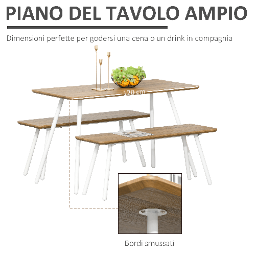 HOMCOM-Set-Tavolo-da-Pranzo-con-2-Panche-in-Stile-Nordico-per-Soggiorno-Salotto-e-Cucina-in-MDF-e-Metallo-Bianco