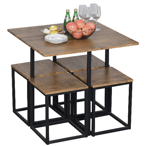 HOMCOM-Set-5-Pezzi-Tavolo-Bar-con-Sgabelli-in-Stile-Industriale-per-Cucina-Casa-o-Ristorante-Nero-e-Color-Legno