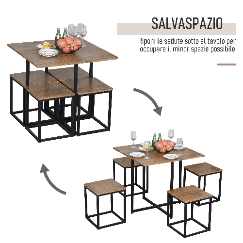 HOMCOM-Set-5-Pezzi-Tavolo-Bar-con-Sgabelli-in-Stile-Industriale-per-Cucina-Casa-o-Ristorante-Nero-e-Color-Legno