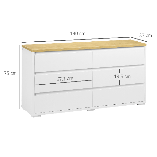 HOMCOM-Cassettiera-6-Cassetti-Moderna-in-Truciolato-per-Camera-da-Letto-e-Ingresso-140x37x75cm-Bianco-e-Color-Legno