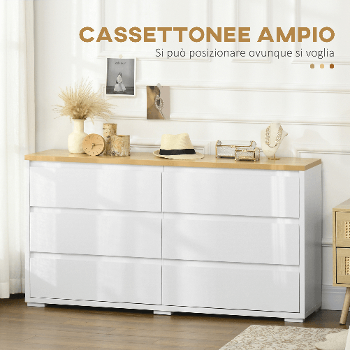 HOMCOM-Cassettiera-6-Cassetti-Moderna-in-Truciolato-per-Camera-da-Letto-e-Ingresso-140x37x75cm-Bianco-e-Color-Legno