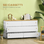 HOMCOM-Cassettiera-6-Cassetti-Moderna-in-Truciolato-per-Camera-da-Letto-e-Ingresso-140x37x75cm-Bianco-e-Color-Legno