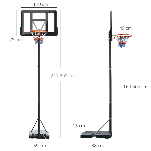 HOMCOM-Canestro-Basket-Altezza-Regolabile-160-305cm-Base-con-Ruote-e-Struttura-in-Acciaio-Tabellone-in-PVC-Trasparente