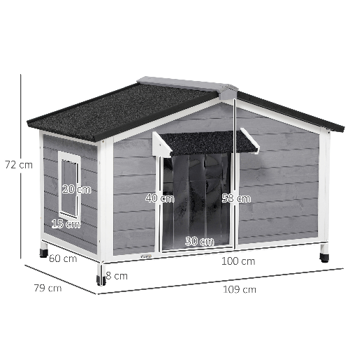 PawHut-Casetta-per-Cani-in-Legno-con-Design-Rialzato-Tenda-Protettiva-e-2-Finestre-109x79x72-cm