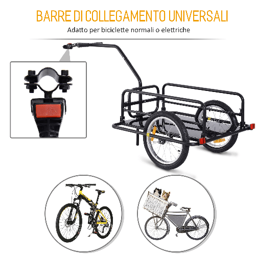 HOMCOM-Carrello-per-Bicicletta-Rimorchio-Cargo-Bici-Trasporto-di-Oggetti-Pieghevole-Portata-36kg-156x72x82cm