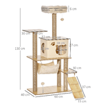 PawHut-Albero-Tiragraffi-Multilivello-con-Casetta-Amaca-Scaletta-e-Corde-in-Juta-Rivestimento-Peluche-60x40x130cm-Giallo