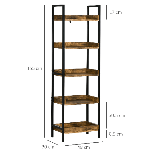 HOMCOM-Libreria-Stile-Industriale-a-5-Ripiani-in-Legno-e-Metallo-48x30x155cm-Marrone-Rustico