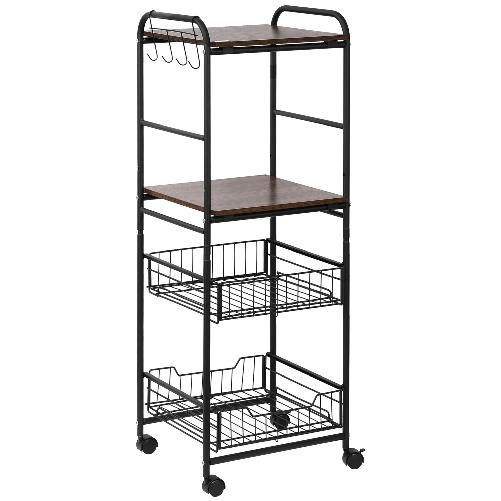 HOMCOM-Carrello-da-Cucina-con-2-Cesti-estraibili-in-Metallo-2-ripiani-in-Legno-Truciolato-e-Ganci-laterali-40x38x111cm