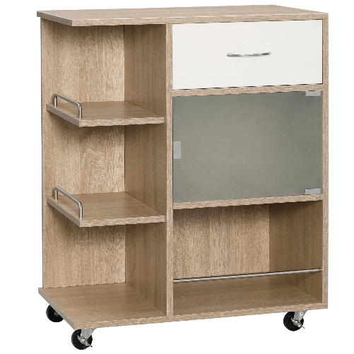 HOMCOM-Carrello-da-Cucina-Portavivande-con-Cassetto-Ripiani-e-Armadietto-in-Legno-Acciaio-e-Vetro-65x39x80cm