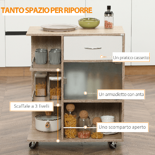 HOMCOM-Carrello-da-Cucina-Portavivande-con-Cassetto-Ripiani-e-Armadietto-in-Legno-Acciaio-e-Vetro-65x39x80cm
