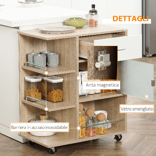 HOMCOM-Carrello-da-Cucina-Portavivande-con-Cassetto-Ripiani-e-Armadietto-in-Legno-Acciaio-e-Vetro-65x39x80cm