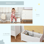 HOMCOM-Cassapanca-per-Bambini-2-in-1-in-Legno-con-Pistone-per-Chiusura-Sicura-60x30x50cm-Bianco-e-Legno-Naturale