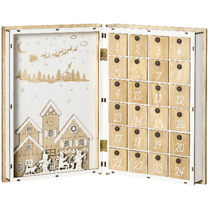 HOMCOM Calendario Avvento di Natale in Legno a forma di Libro con Temi natalizi, 22x7x32 cm, Bianco e color Legno
