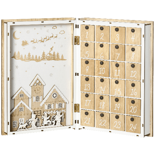 HOMCOM-Calendario-Avvento-di-Natale-in-Legno-a-forma-di-Libro-con-Temi-natalizi-22x7x32-cm-Bianco-e-color-Legno