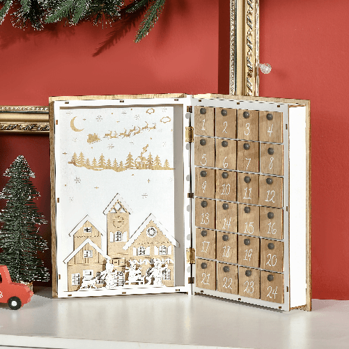 HOMCOM-Calendario-Avvento-di-Natale-in-Legno-a-forma-di-Libro-con-Temi-natalizi-22x7x32-cm-Bianco-e-color-Legno