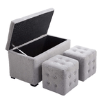 HOMCOM-Cassapanca-Portaoggetti-Multiuso-con-2-Sgabelli-Pouf-in-Velluto-Grigio-Perla